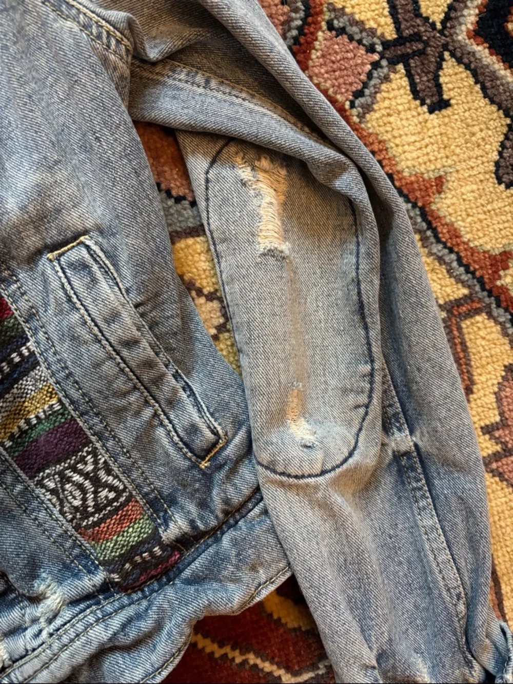 Free People Blue Denim Jacket with Multi-Color Inset Panels - Picture 5 of 6